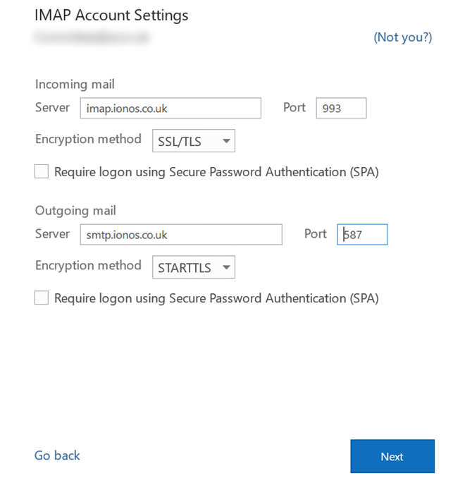 Outlook IMAP Account Settings screen